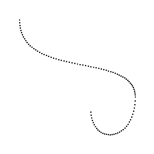 The dot spread after redistribution. Each segment's dot count now matches its length, but dots are still distributed according to time parameterization